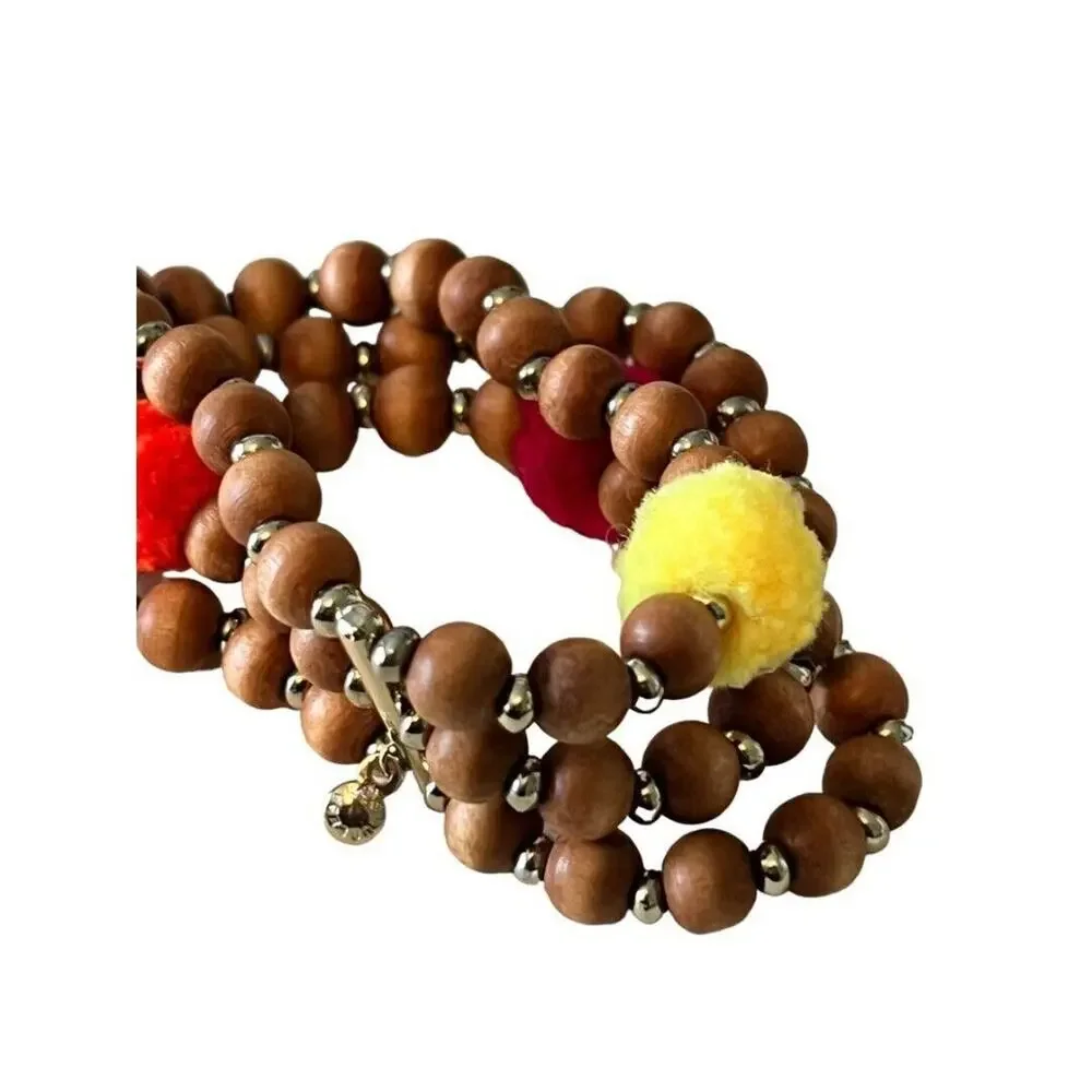 Baublebar Wood Beaded Stretch Bracelet Pom Pom Tribal Three Strand